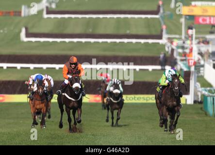 Long Run von Sam Waley-Cohen (Mitte) Rennen den Hügel hinauf, um den totesport Cheltenham Gold Cup während des Gold Cup Day, auf dem Cheltenham Festival zu gewinnen. Stockfoto