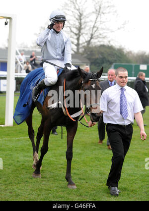 Pferderennen - Feiern Sie den Pferdesport beim Jump Season Finale - Newbury Racecourse. Line Freedom unter der Leitung von Jerry McGrath, den Gewinnern des European Breeders Fund, Mares' „National Hunt“ Novices' Hurdle Race Finale Stockfoto