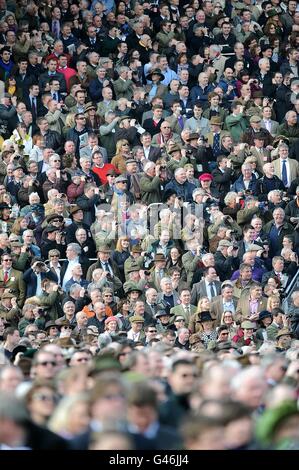 Pferderennen - 2011 Cheltenham Festival - Tag 1. Racegoers beobachten die Action am Centenary Day während des Cheltenham Festivals von den Ständen aus. Stockfoto