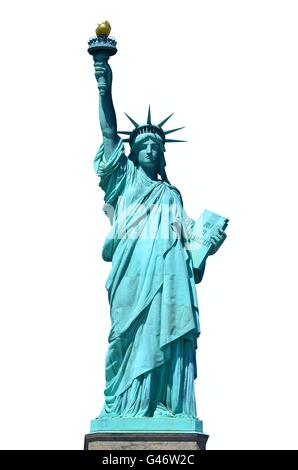 Blick nach vorne auf die Freiheitsstatue in New York City auf weißem Hintergrund Stockfoto