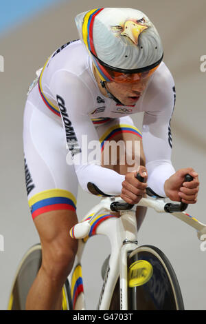 Juan Esteban Arango Carvajal aus Kolumbien während der 4 km langen Männer-Einzelperson Rennen als Teil des Omniums während des vierten Tages von Die UCI-Bahn-Weltmeisterschaften Stockfoto