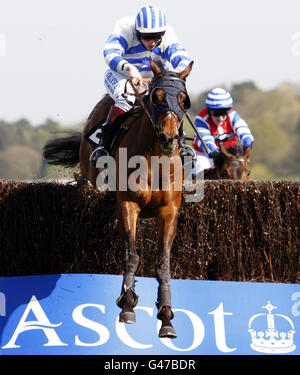 Gee Dee nen, von Jamie Moore geritten, gewinnt beim Countryside Alliance Raceday auf der Ascot Racecourse, Berkshire, den Ascot All Areas Steeple Chase. Stockfoto