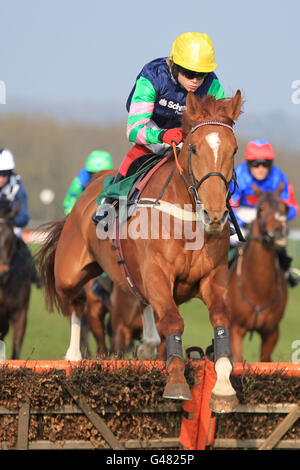 Pferderennen - Towcester Racecourse. Jockey Robert THornoton über Lidar während des SIS 1. Für Football Data Handicap Hürde Stockfoto