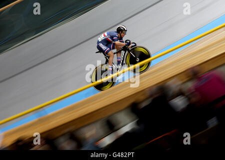 Der französische Bryan Coquard am dritten Tag der UCI-Bahn-Weltmeisterschaften in Omnisport, Apeldoorn, Holland. Stockfoto