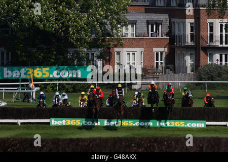 Pferderennen - bet365 Gold Cup Easter Festival - Sandown Park. Der Jockey Sam Twiston-Davies am Baby Run (Mitte) führt das Feld in den frühen Stadien des bet365 Gold Cup Chase an Stockfoto