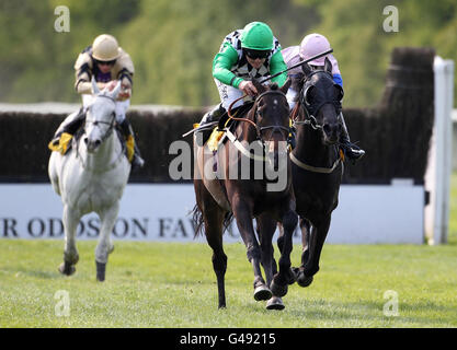 Quito Du Tresor (Mitte) wird von Campbell Gillies am Posten von Regent's Secret (rechts) unter der Leitung von Graham Lee geleitet, um den alkoholischen Ginger Berr Handicap Steeple Chase des Crabbie während des dritten Tages des Perth Festivals auf der Perth Racecourse, Perth, zu gewinnen. Stockfoto