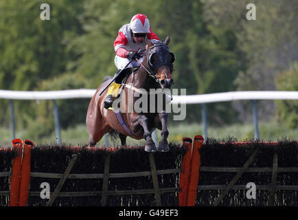 Pokfulham, gefahren von Graham Lee, springt am letzten Tag frei, um das Book Mijas Villa Intermediate Handicap Hurdle Race am dritten Tag des Perth Festivals auf der Perth Racecourse, Perth, zu gewinnen. Stockfoto