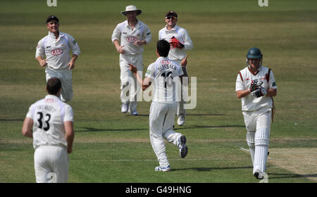 Cricket - Liverpool Victoria County Championship - Division Two - Tag drei - Surrey V Leicestershire - The Kia Oval. Surrey's Jade Dernbach (Mitte) feiert nach dem Wicket von Joshua Cobb in Leicestershire (rechts) Stockfoto