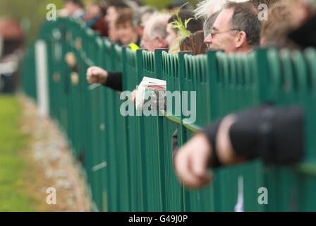 Pferderennen - 2011 Punchestown Festival - Rabobank Champion Hurdle Day - Punchestown Racecourse. Vor dem Rennen versammeln sich Massen am Zaun Stockfoto