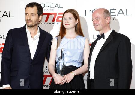 Bonnie Wright, David Barron und David Heyman wurden bei den National Movie Awards 2011 in der Wembley Arena, London, für die beste Fantasie ausgezeichnet Stockfoto