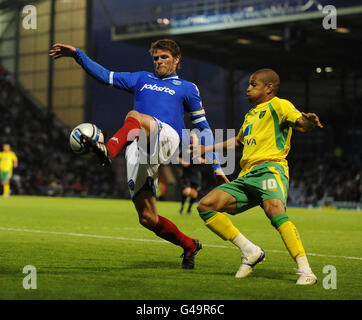 Fußball - npower Football League Championship - Portsmouth gegen Norwich City - Fratton Park. Hermann Hreidarsson aus Portsmouth und Simeon Jackson aus Norwich City (rechts) Stockfoto