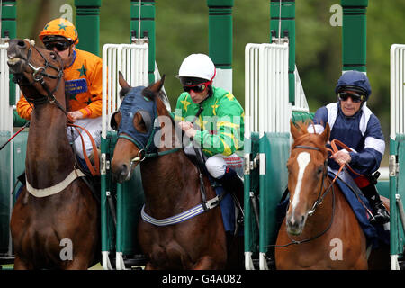 Regional Counsel unter Louis-Philippe Beuzelin, Lisahane Bog unter Dane O'Neill und doch wunderschön unter Frankie Dettori brechen die Stände für die Scope Charity Handicap Stakes während des Scope Charity Race Day auf der Newbury Racecourse aus. Stockfoto