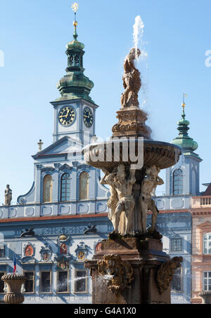 Samson-Brunnen und dem Rathaus, den historischen Bezirk von Ceske Budejovice, auch bekannt als Budweiser, Budvar, Südböhmen Stockfoto