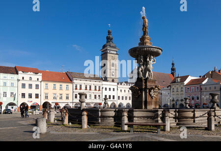 Historischen Zentrum von Ceske Budejovice, Black Tower und Samson-Brunnen, Budweis, Budvar, Süd-Böhmen, Tschechische Republik, Europa Stockfoto