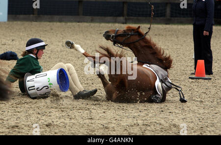 Ein Mitglied des irischen Teams fällt, aber sowohl Reiter als auch Pferd sind unverletzt, da sie im Finale der vom DAKS Pony Club berittenen Spiele vor dem Duke of Edinburgh und Königin Elizabeth II. Auf der Royal Windsor Horse Show in Windsor antreten. Stockfoto