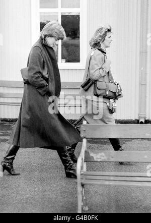 CAMILLA PARKER-BOWLES UND DIANA SPENCER AUF DER RENNBAHN LUDLOW, UM DEM PFERD DEN IRISCHEN WALLACH ALLIBAR ZUZUSEHEN, AUF DEM PRINZ CHARLES IN DER HANDICAP-HINDERNISRENNEN DER AMATEURREITER RITT, IN DER ER HEUTE ZWEITER WURDE. Stockfoto