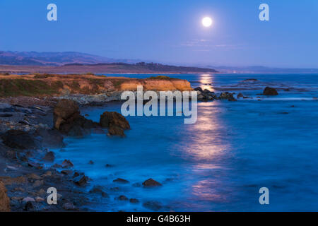 Full Moon rising über Piedras Blancas See-Elefant Rookery, San Simeon, Kalifornien USA Stockfoto