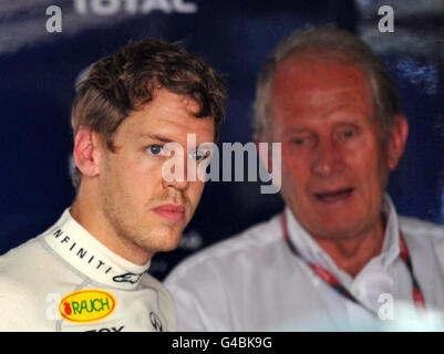 Sebastian Vettel von Red Bull mit Red Bull Motorsportberater Helmut Marko beim dritten Training für den Grand Prix von Monaco auf dem Circuit de Monaco, Monte Carlo. Stockfoto