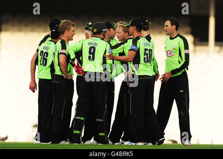 Cricket - Friends Life Twenty20 - South Group - Surrey Lions / Gloucestershire Gladiators - The Kia Oval. Die Surrey Lions feiern die Einnahme von Wicket Stockfoto