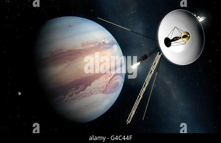 Voyager-Sonde Jupiter, Kunstwerk. Beiden Voyager-Sonden (Voyager 1 und Voyager 2) wurden im Jahr 1977 ins Leben gerufen. Dieses Timing nutzte eine seltene Ausrichtung der äußeren Gasplaneten Jupiter, Neptun, die das Raumschiff in einer einzigen Mission Besuch ermöglicht. Die Sonden strahlte erfolgreich Bilder und wissenschaftlichen Daten zurück auf die Erde mit ihrer Schale. Voyager 2 ist derzeit 110 AU von der Erde Â €"eines der am weitesten entfernte vom Menschen geschaffenen Objekte im Raum. In dieser Abbildung gesehen es ist Übergabe des Planeten Jupiter. Stockfoto