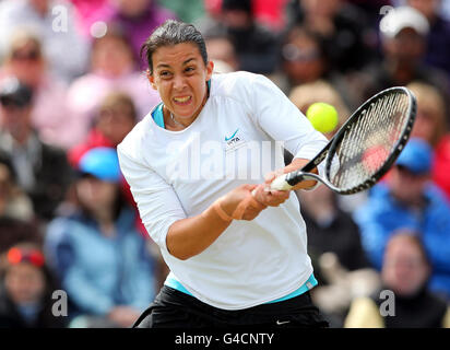 Die französische Marion Bartoli in Aktion auf ihrem Weg zum Sieg der AEGON International mit dem Sieg über die tschechische Petra Kvitova im Devonshire Park, Eastbourne. Stockfoto