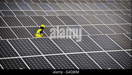 Ein Bauingenieur geht zwischen Solarzellen in der ersten Solarfarm des Südwestens auf dem Gelände einer stillliegenden Zinnmine in Wheal Jane, in der Nähe von Truro. Stockfoto