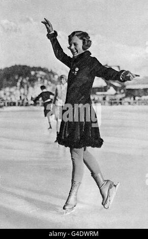 Eiskunstlauf - Olympische Winterspiele St. Moritz 1928 - individuelles Eiskunstlauf der Damen. Die Norwegerin Sonja Henie während der Women&#8217;s Eiskunstlauf-Veranstaltung. Sie gewann die Goldmedaille. Stockfoto