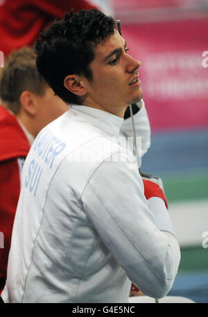 Der Schweizer Fabian Kauter schaut während des Men's Team Espee-Events am sechsten Tag der Europameisterschaft und der Europameisterschaft im Rollstuhl am Englischen Institut für Sport, Sheffield, auf. Stockfoto