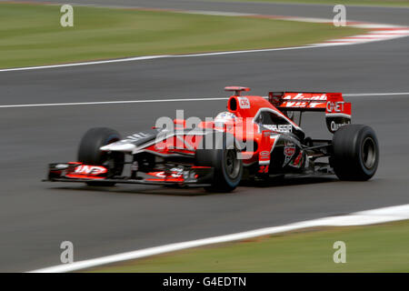 Timo Glock von Marussia Virgin Racing beim Training des British Grand Prix von Santander auf dem Silverstone Circuit, Northamptonshire. Freitag, 8. Juli 2011. Bildnachweis sollte lauten: David Davies/PA Wire. Stockfoto