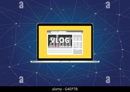 Vlog Videoblog auf Laptop mit Videoplayer Vektorgrafik Stock Vektor