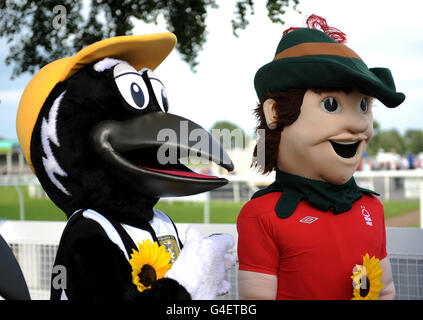 Maskottchen von Notts County, Herr Magpie (links) und Maskottchen von Nottingham Forest Robin Hood (rechts) an der Uttoxeter Racecourse Stockfoto