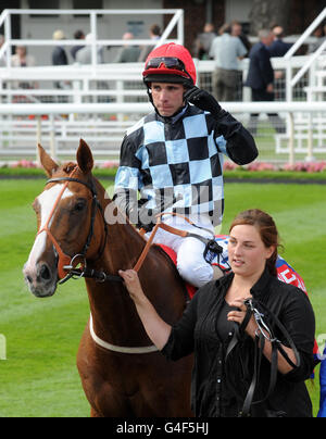 Pferderennen - Ebor Festival 2011 - Betfred Ebor - York Racecourse. Moyenne Corniche und Dale Swift feiern, nachdem sie den Betfred Ebor während des Ebor Festival 2011 auf der Pferderennbahn in York gewonnen haben. Stockfoto