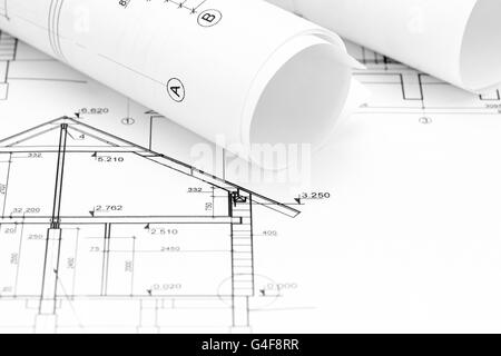 Home Pläne und Blueprint rollt, architektonischen Hintergrund Stockfoto