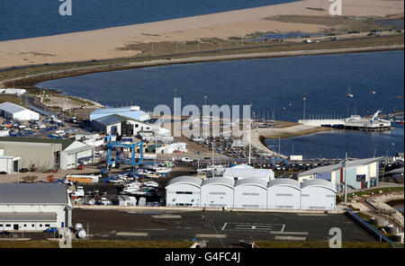 Eine allgemeine Ansicht der Weymouth und Portland Segelbasis Veranstaltungsort des Olympic Sailing Test Event und im nächsten Jahr Olympic Sailing Wettbewerb vor der heutigen Aktion von der London Olympic Games 2012 Test Event und Internationale Regatta in Weymouth. Stockfoto