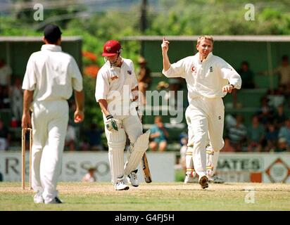 Queensland gegen England Cricket in Cairns 15/11/98 der englische Schnellbowler Dominic Cork feiert heute (Sonntag) nach dem Bowling des Queensland-Schlagmanns Andrew Bichel am dritten Tag ihres Tourspieles in Cairns. PA Stockfoto