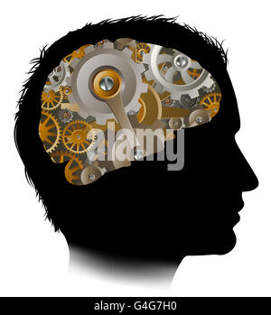 Silhouette eines Mannes mit einem Gehirn bestehend aus Getriebe oder Zahnräder funktionieren Maschinenteile Stockfoto