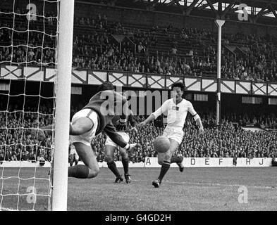 PORTUGALS TORHÜTER JOSE PEREIRA NIMMT EINEN FLIEGENDEN LEAP EIN, HÄLT ABER EINEN SCHUSS DES NORDKOREANISCHEN S LE DONG WOON NICHT AB, UM NORDKOREA WÄHREND DES WM-TURNIERS 1966 IM FUSSBALL-VIERTELFINALE IN GOODISON PARK, EVERTON, DAS ZWEITE TOR ZU GEBEN Stockfoto