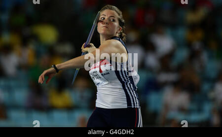 Die britische Goldie Sayers tritt am siebten Tag der IAAF-Leichtathletik-Weltmeisterschaften im Daegu-Stadion in Daegu, Südkorea, im Damen-Javelin-Finale an. Stockfoto