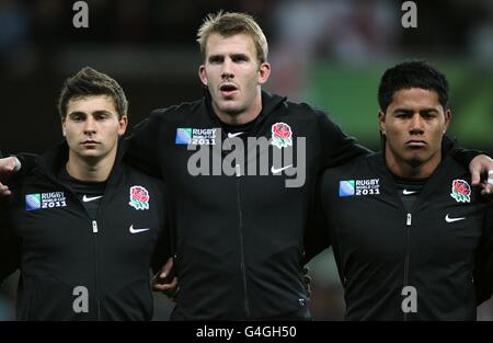 (Von links nach rechts) Englands Ben Youngs, Tom Croft und Manu Tuilagi in der Reihe Stockfoto