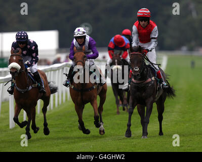 Pferderennen - Variety Club Day - Sandown Park. L-R: Jockey Megan Nicholls auf Wee Antony, Jamie Perrett auf Dillan's Girl und George Crate auf Stretcholt Hermes während des Pony-Rennens Stockfoto