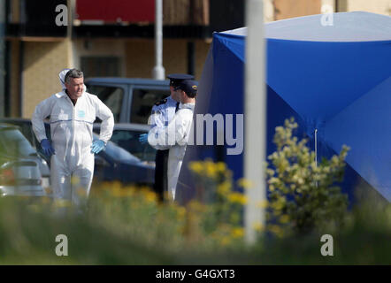 In Clongriffin wurde ein Mann getötet. Gardai am heutigen Nachmittag bei einer tödlichen Schießerei im Clongriffin-Gebiet von Dublin. Stockfoto