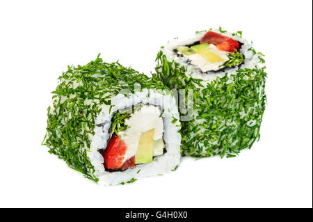 Uramaki Gemüse Maki Sushi mit Dill, rollt zwei isoliert auf weiss Stockfoto