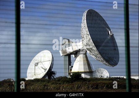 Allgemeine Ansicht einiger Satellitenantennen an der Goonhilly Satellite Earth Station in der Nähe von Helston in Cornwall. Stockfoto