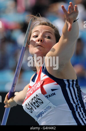 Die britische Goldie Sayers tritt am sechsten Tag der IAAF-Leichtathletik-Weltmeisterschaften im Daegu-Stadion in Daegu, Südkorea, im Damenjavelin an. Stockfoto