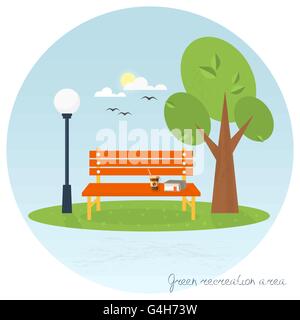 Ein Ort zum entspannen. Flach-Symbol. Baum-Bank-Laterne im Park. Ve Stock Vektor