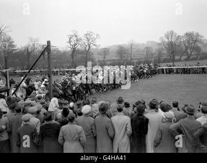 Der Start des Lincolnshire Handicap. Kommissar (Nr. 6, weiße Socken), der Sieger von 33-1, ist in der Mitte des Feldes gut gestartet. Stockfoto