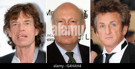 Undatierte Dateifotos von (von links nach rechts) Sir Mick Jagger, Julian Fellows und Sean Penn. Stockfoto