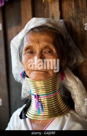 Porträt einer alten Kayan Lahwi (Padaung) Frau mit Messing Spulen Ringe am Hals, Panpet Dorf, Kayah State in Myanmar Stockfoto