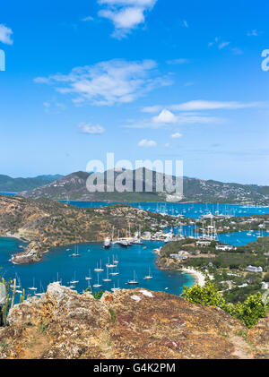 dh Shirley Heights ANTIGUA CARIBBEAN Lookout Blick auf Nelsons Dockyard Falmouth Harbour englisch Hafen niemand Stockfoto