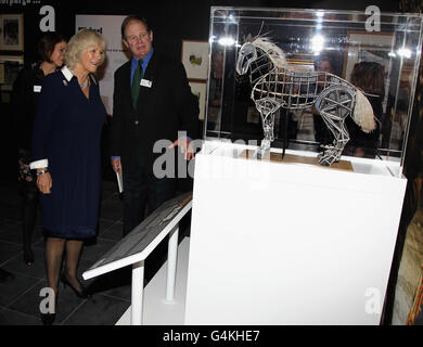 Die Herzogin von Cornwall mit dem Autor Michael Morpurgo während ihrer Tour durch die Ausstellung war Horse: Fact and Fiction im National Army Museum, London, wo sie ein Aquarell enthüllte, das sie von Sefton produziert hat, einem Pferd, das vor fast 30 Jahren durch einen Nagellackbombenanschlag der IRA schwer verletzt wurde. DRÜCKEN Sie VERBANDSFOTO. Bilddatum: Mittwoch, 19. Oktober 2011. Sefton eroberte die Herzen der Nation, als sein mutiger Kampf zurück zur Gesundheit Schlagzeilen machte nach der Explosion am 20. Juli 1982. Pferdekadaver übersäten den Hyde Park, nachdem das Gerät explodierte, als die Blues und Royals ihren Weg aus dem Park machten Stockfoto